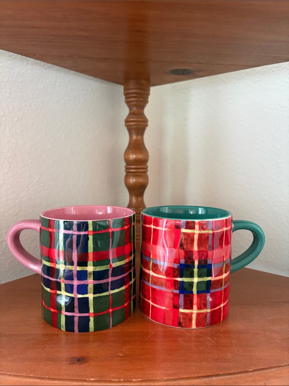 Anthropologie Plaid Ceramic Mug Duo in Green, Red, Pink, Teal